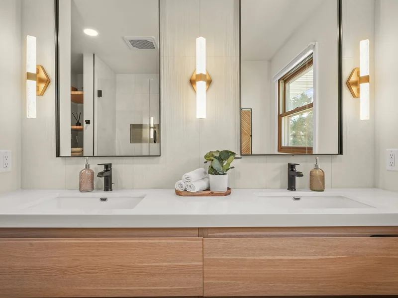 Modern Double Vanity with Wood Cabinetry